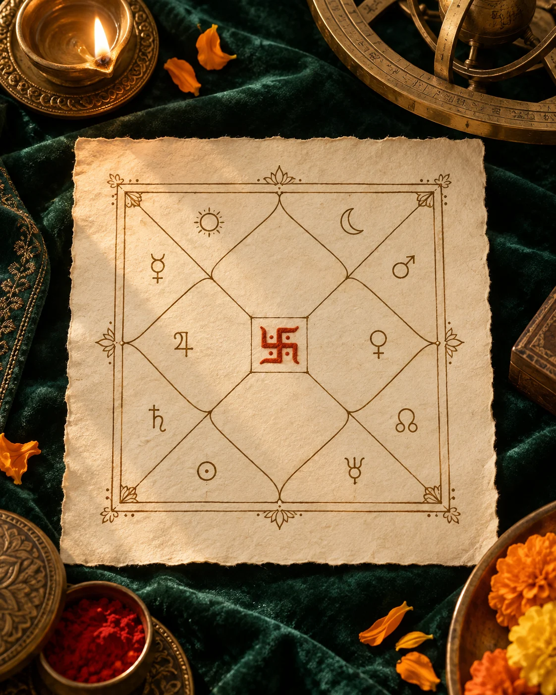 Handcrafted Vedic Kundli chart on emerald cloth with brass astrolabe, diya and an auspicious Swastik