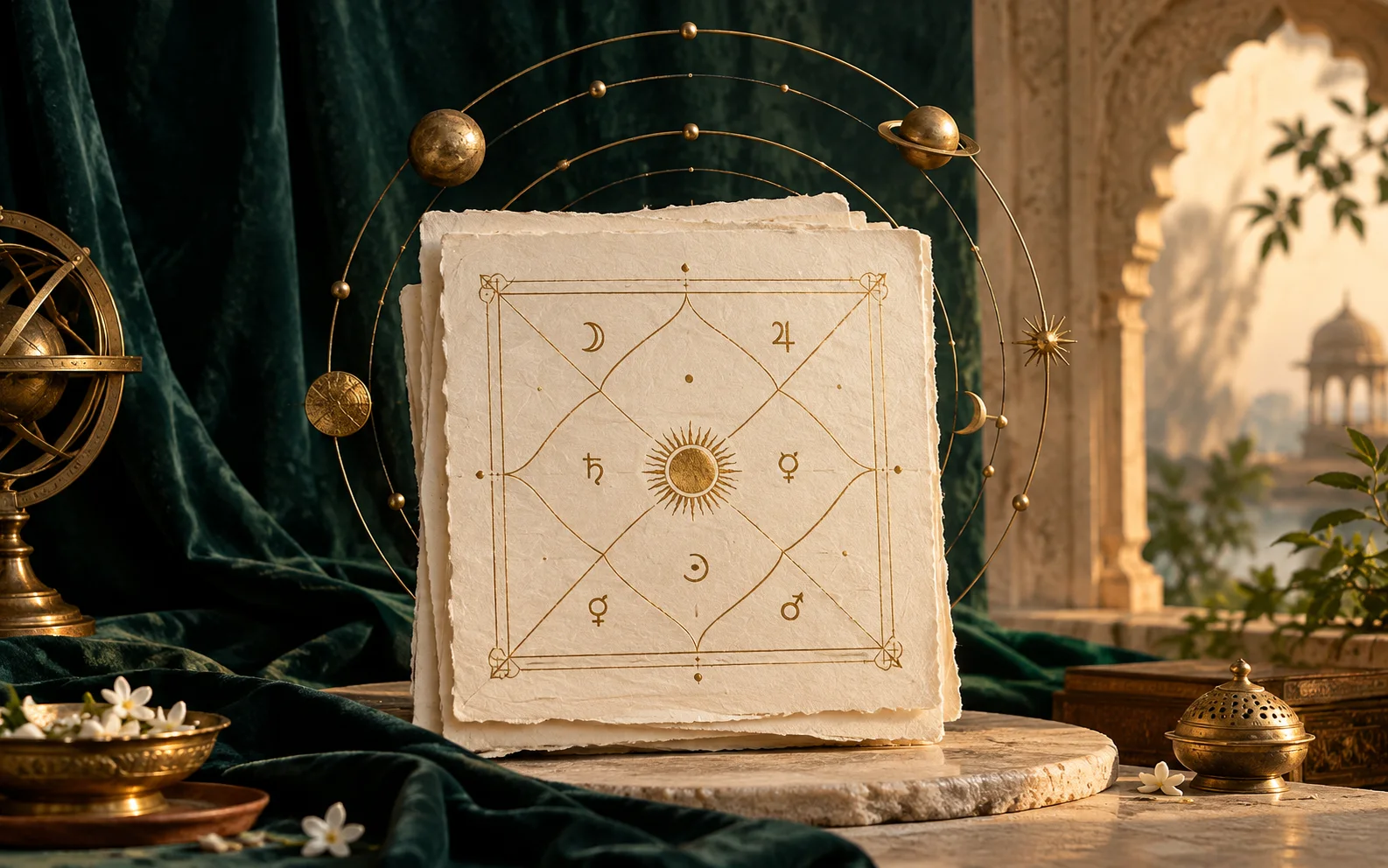 Vedic Kundli chart on handmade paper surrounded by brass planetary orbits