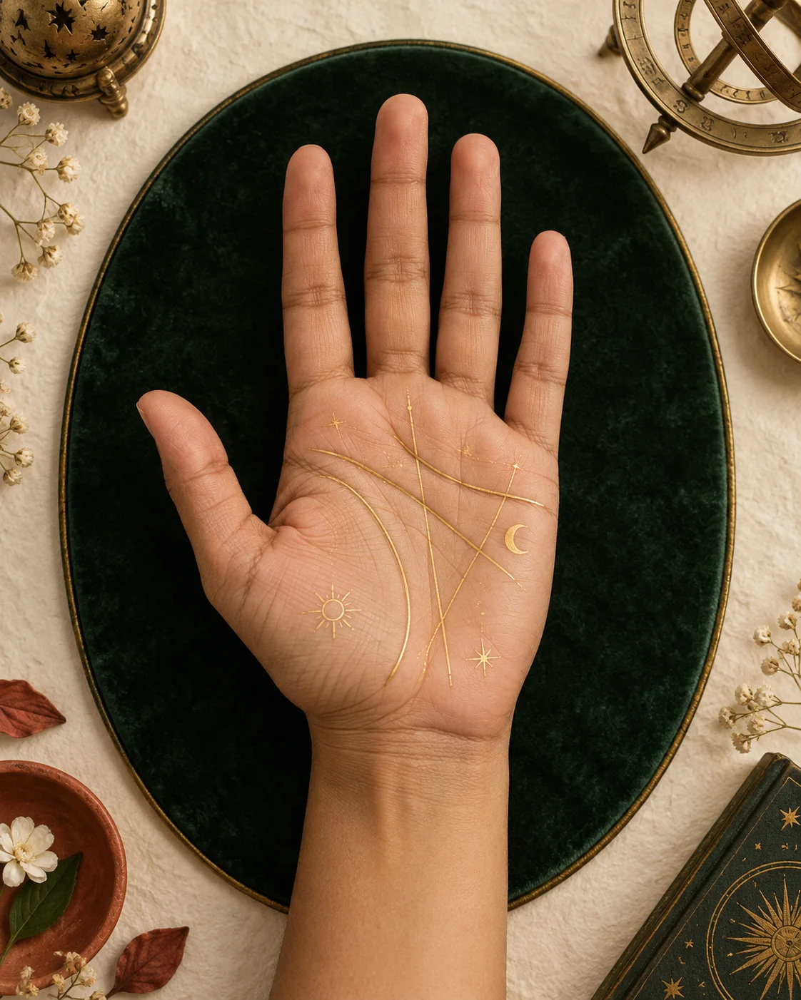 Open palm with delicate gold guides tracing the major palm lines