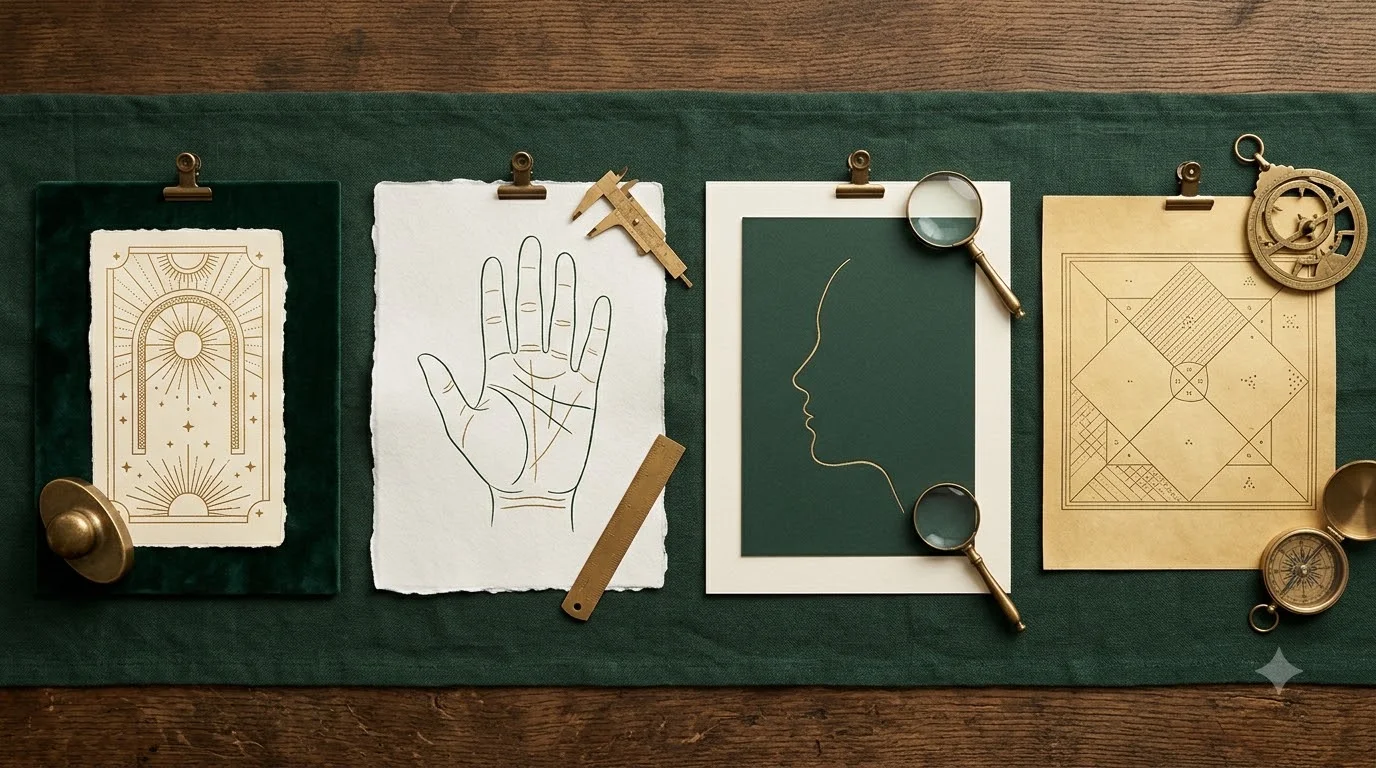 Tarot, palm, face and Kundli reading pathways arranged on an editorial table