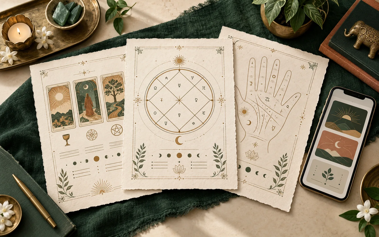 Illustrative Kundli, tarot and palm report pages