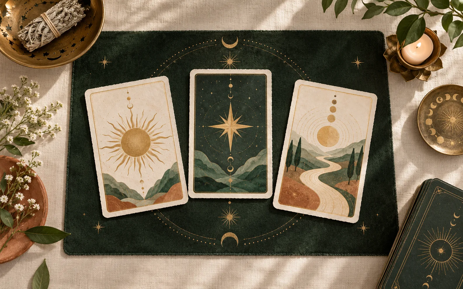Three illustrated tarot cards arranged on a forest-green reading cloth